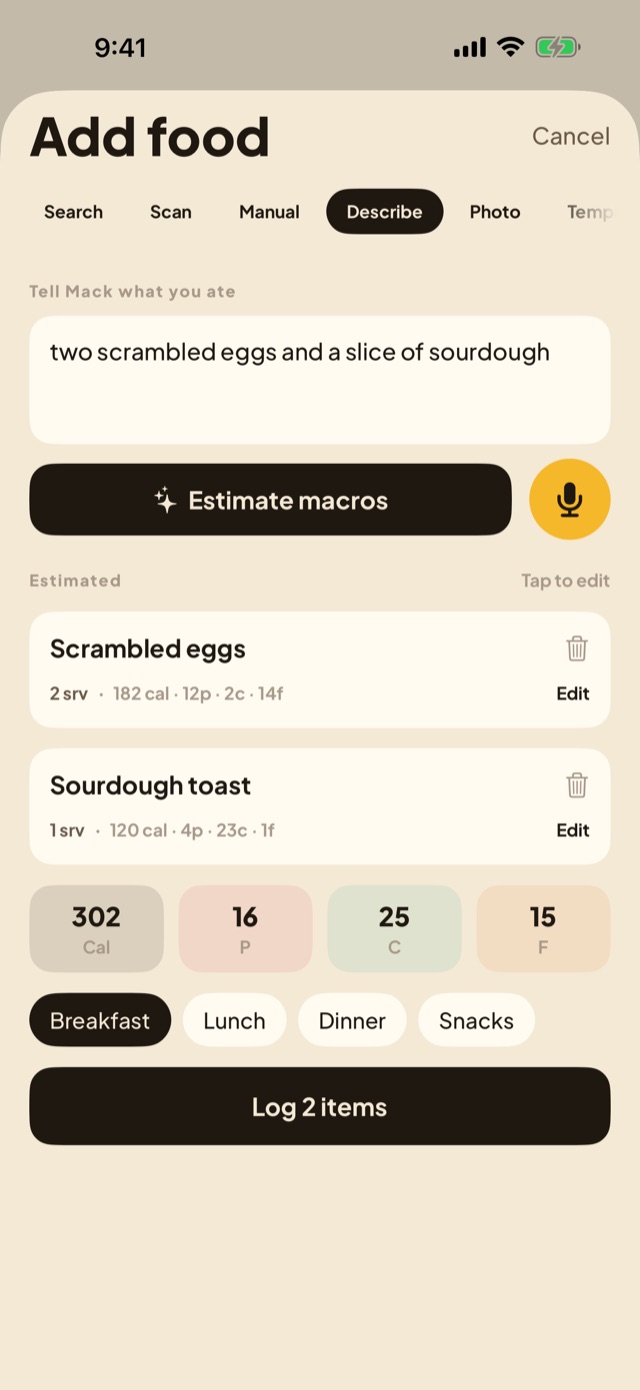 Logging a meal by describing it