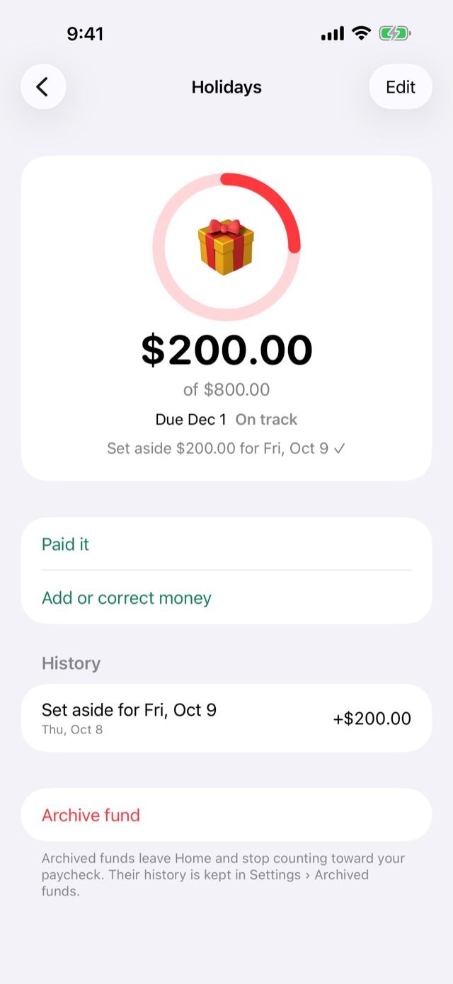 A single fund with progress ring and due date