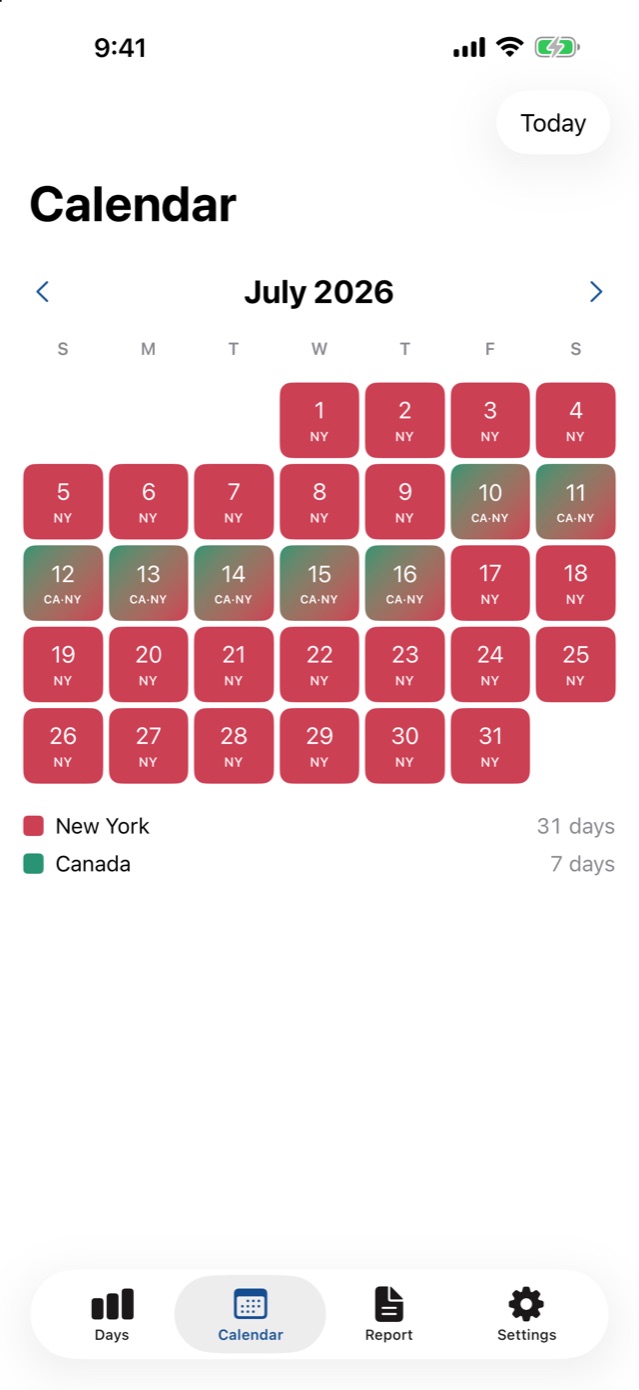 Calendar month colored by state (example data)